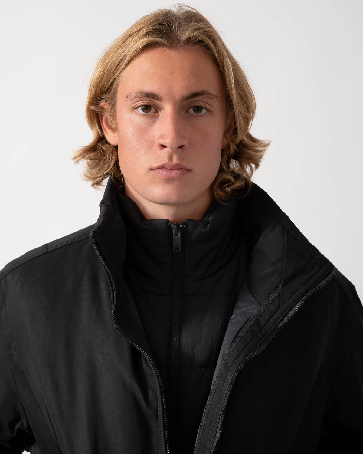 Close up on the BOSS Orange Ojens 3-in-1 Bomber Jacket - Black 001