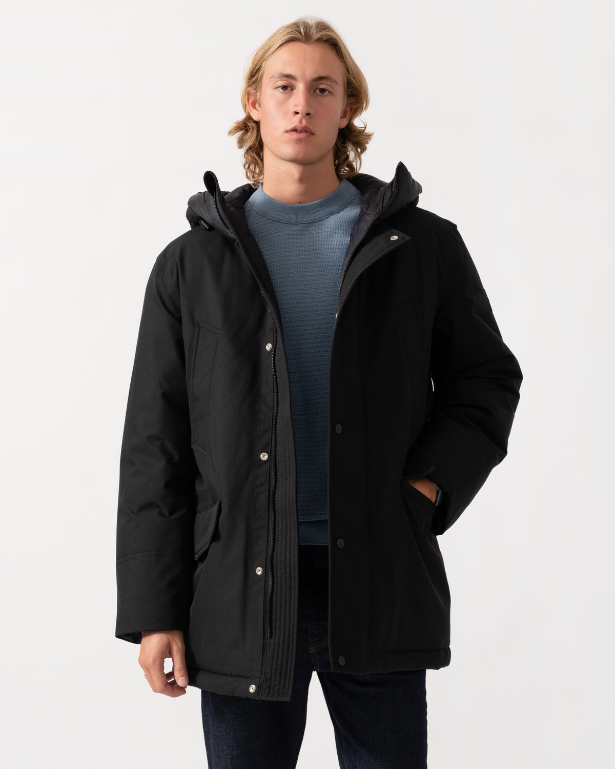 The BOSS Orange Osiass1 Mens Parka - Black 001 unzipped on a model 