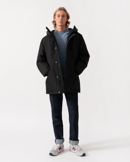 The BOSS Orange Osiass1 Mens Parka - Black 001 unzipped full outfit of the model
