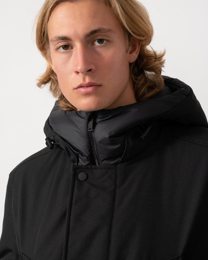Close up of the BOSS Orange Osiass1 Mens Parka - Black 001