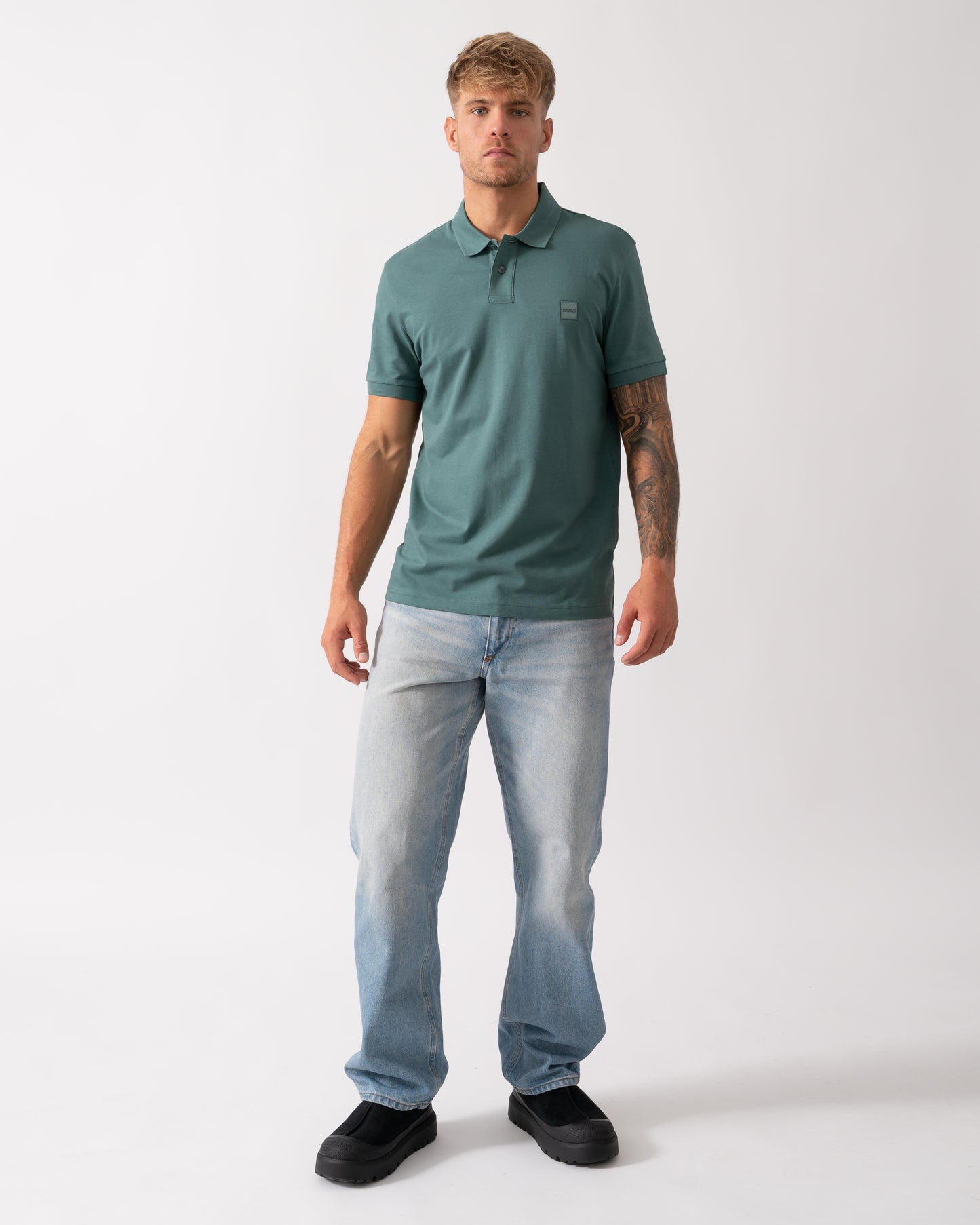 BOSS Orange Passenger Mens Stretch-Cotton Slim-Fit Polo Shirt with Logo Patch - Open Green 369 - CHO - Designer Mens Short Sleeve Polo Shirts