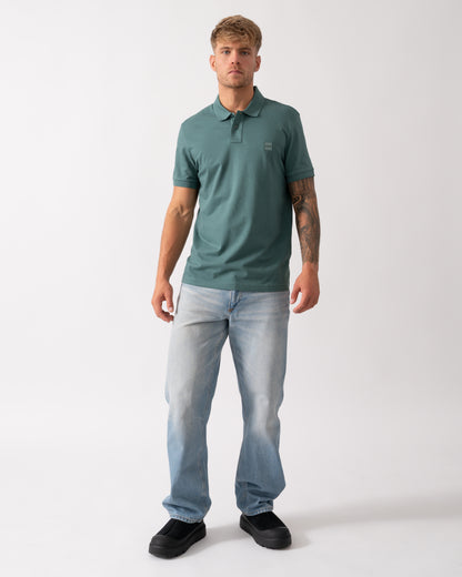 BOSS Orange Passenger Mens Stretch-Cotton Slim-Fit Polo Shirt with Logo Patch - Open Green 369 - CHO - Designer Mens Short Sleeve Polo Shirts