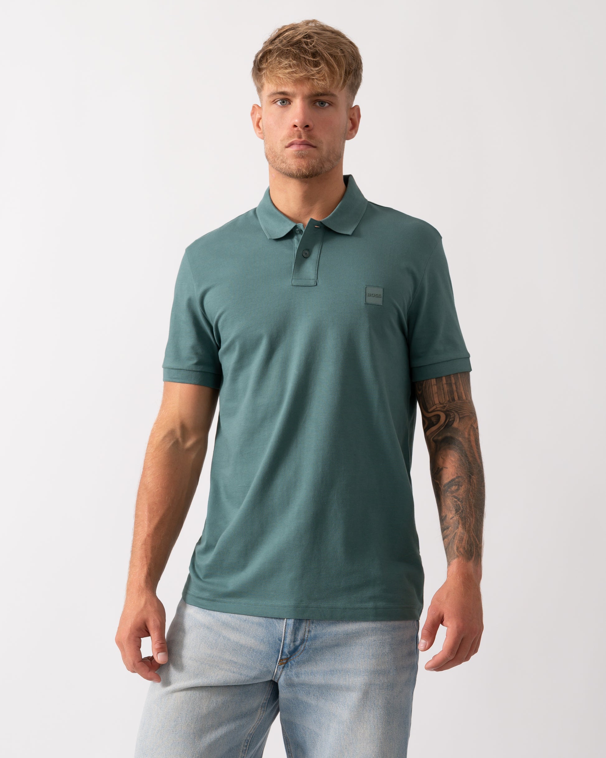 BOSS Orange Passenger Mens Stretch-Cotton Slim-Fit Polo Shirt with Logo Patch in Open Green