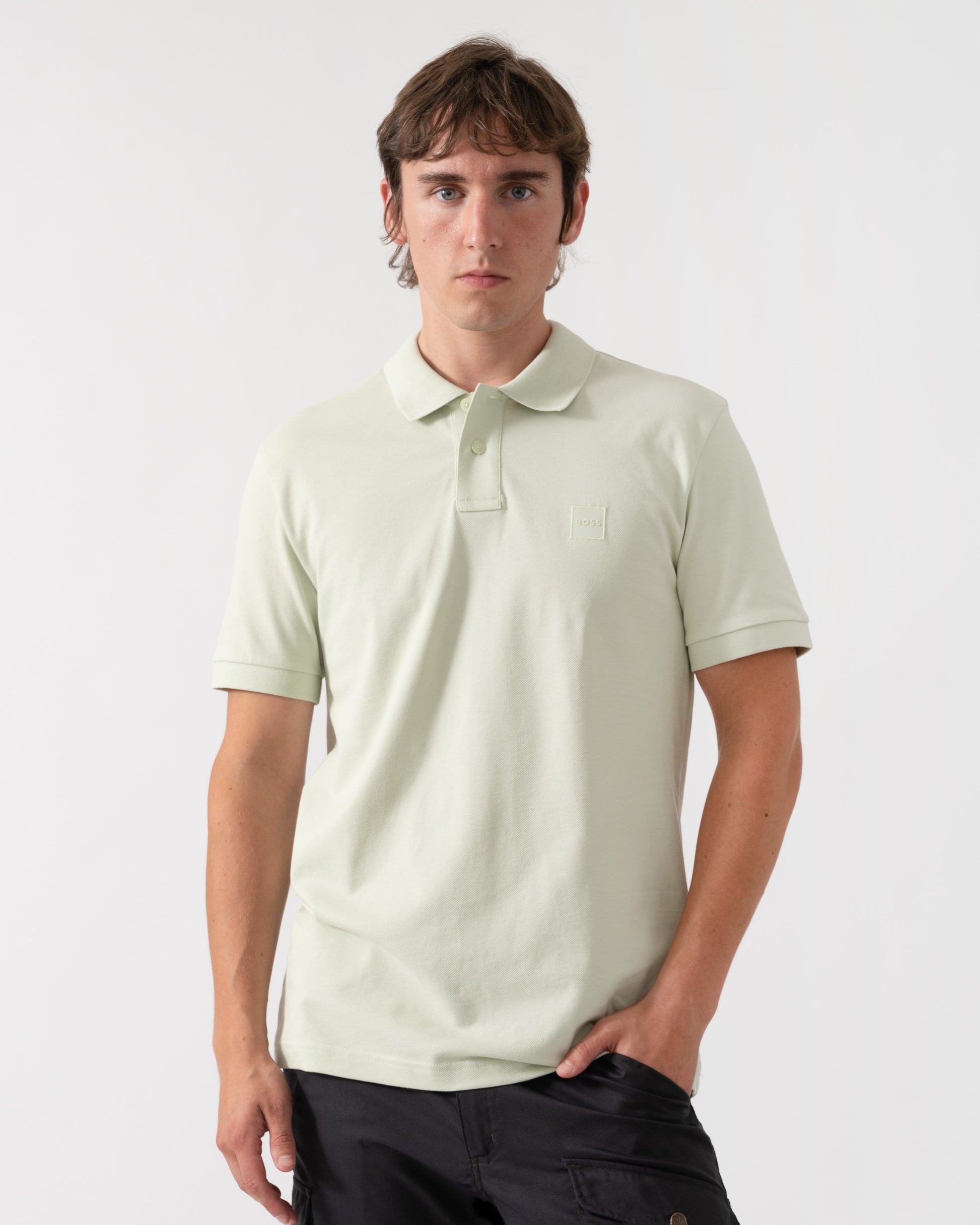 BOSS Orange Passenger Mens Stretch-Cotton Slim-Fit Polo Shirt with Logo Patch - Open Green 384