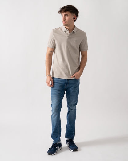 full length shot of a model wearing a BOSS Orange Passenger Mens Stretch-Cotton Slim-Fit Polo Shirt with Logo Patch in Open Grey 070