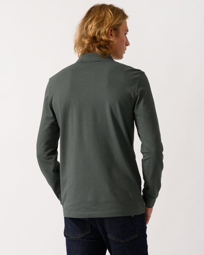back of a model wearing a BOSS Orange Passerby Mens Long Sleeve Stretch-Cotton Polo Shirt with Logo Patch in Open Green 377