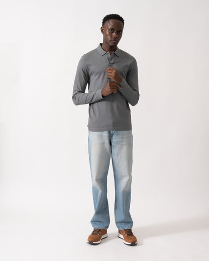 BOSS Orange Passerby Mens Long Sleeve Stretch-Cotton Polo Shirt with Logo Patch - Open Grey 062
