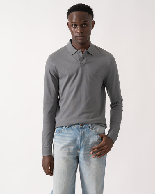 BOSS Orange Passerby Mens Long Sleeve Stretch-Cotton Polo Shirt with Logo Patch - Open Grey 062