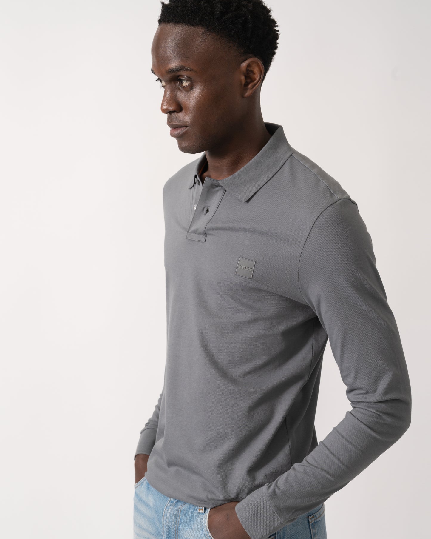 BOSS Orange Passerby Mens Long Sleeve Stretch-Cotton Polo Shirt with Logo Patch - Open Grey 062