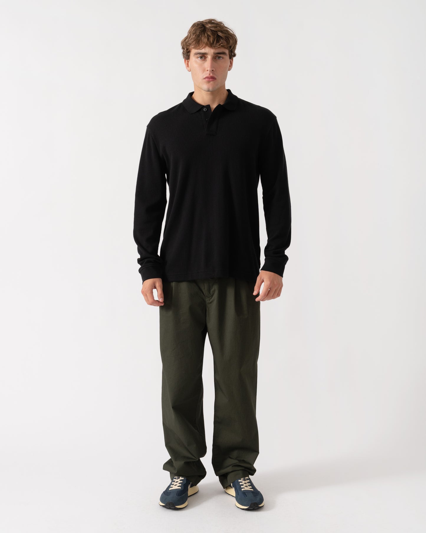 Outfit shot of BOSS Orange Petempestolong Mens Long Sleeve Polo Shirt - Black 001