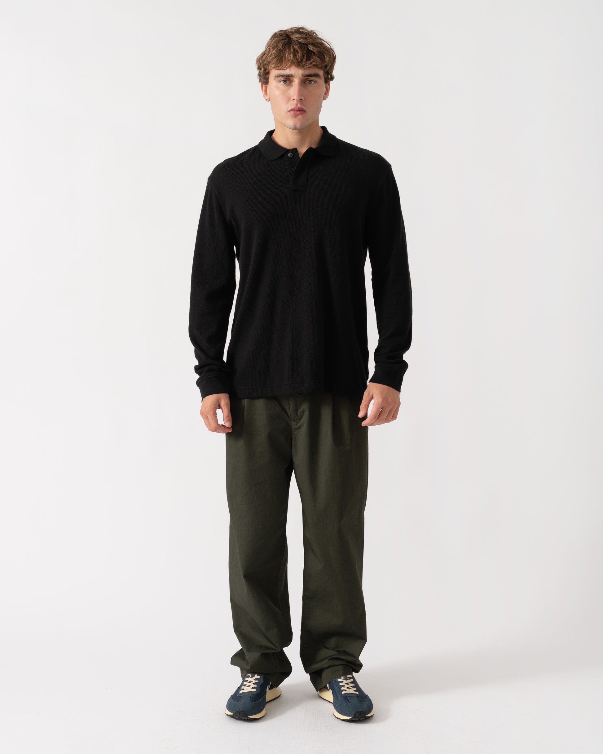Outfit shot of BOSS Orange Petempestolong Mens Long Sleeve Polo Shirt - Black 001
