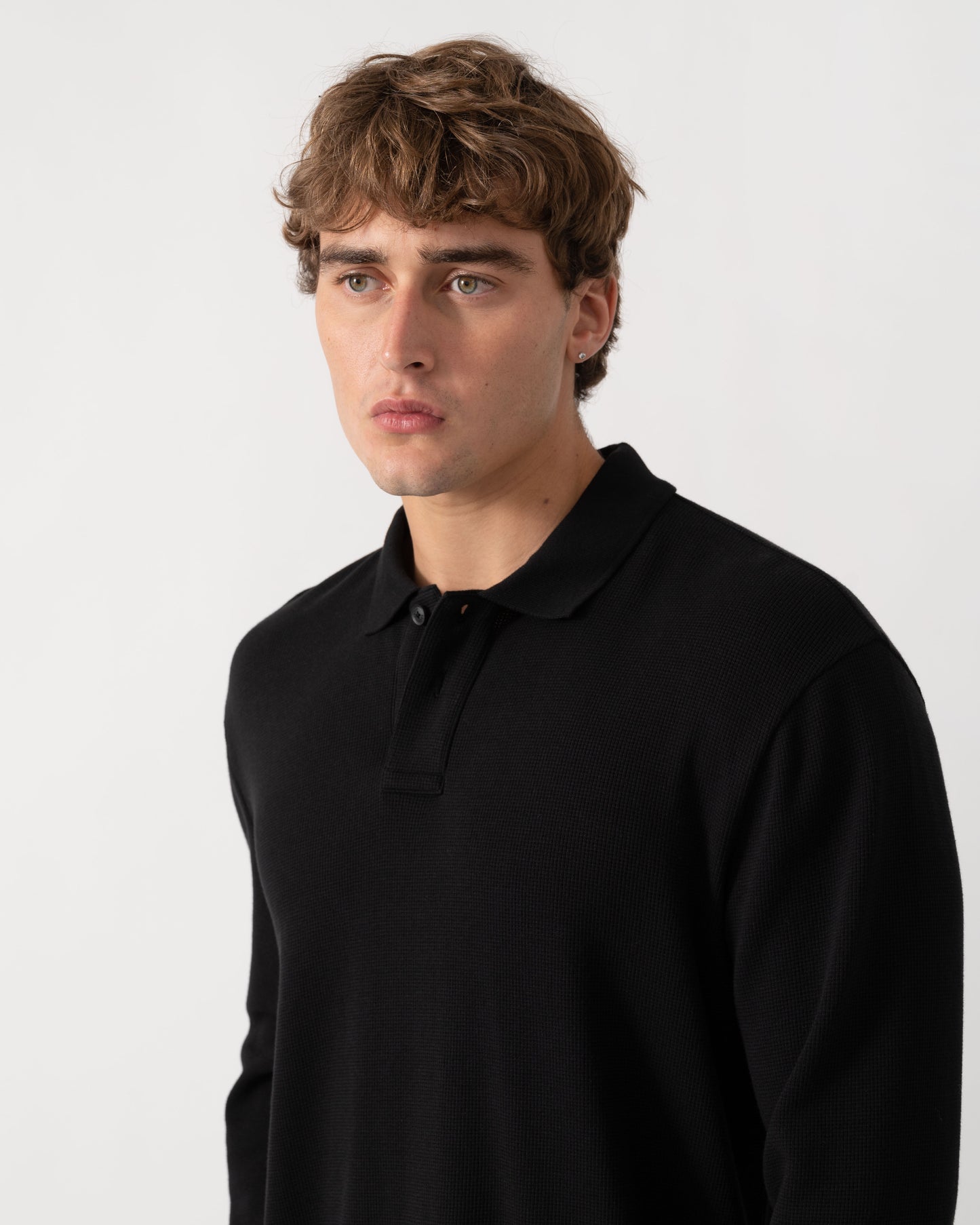 Close up of BOSS Orange Petempestolong Mens Long Sleeve Polo Shirt - Black 001