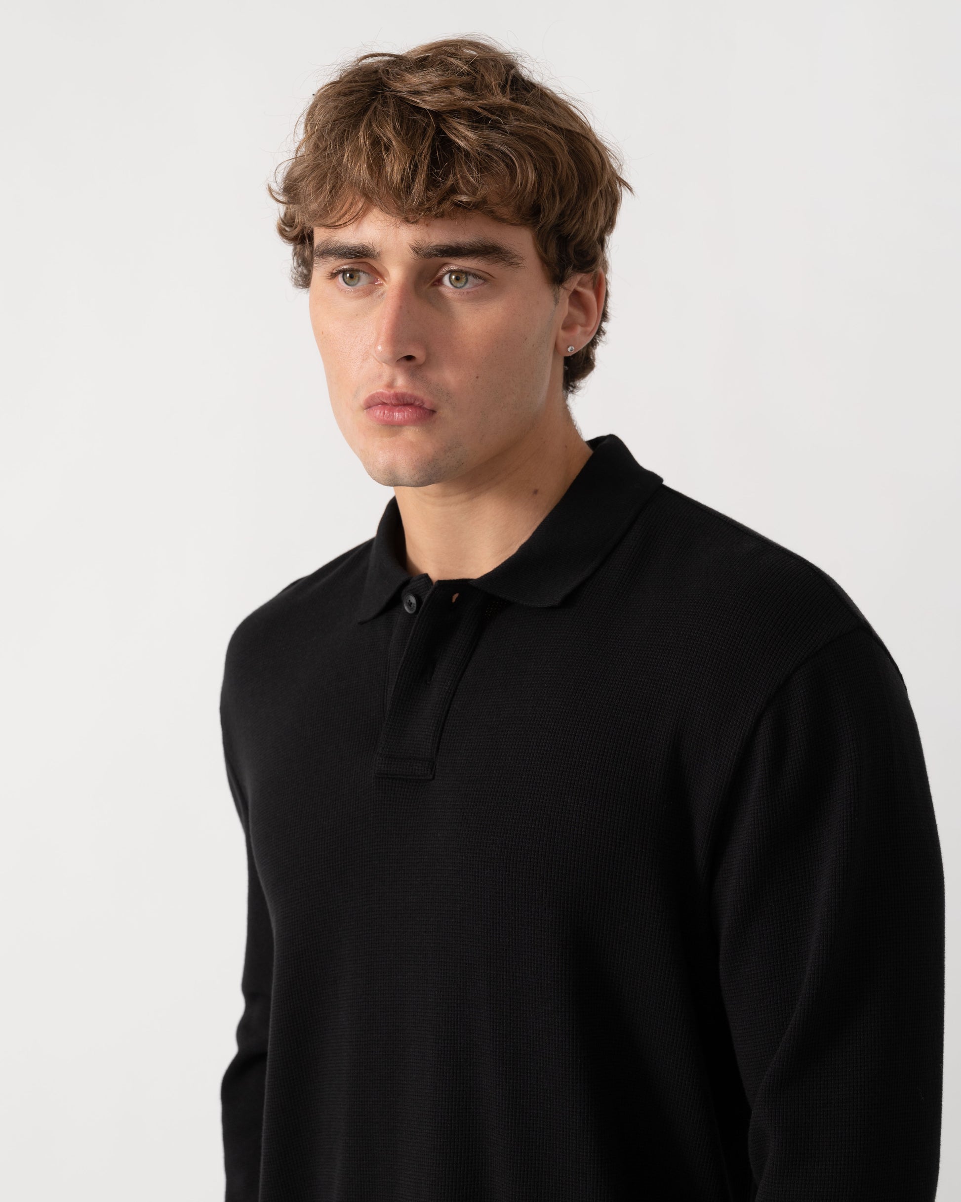 Close up of BOSS Orange Petempestolong Mens Long Sleeve Polo Shirt - Black 001