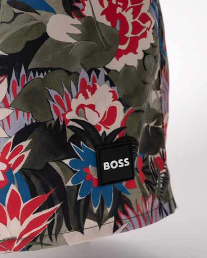 detail of BOSS Orange Piranha Mens Tropical Print Quick-Drying Swim Shorts in Open Green 351