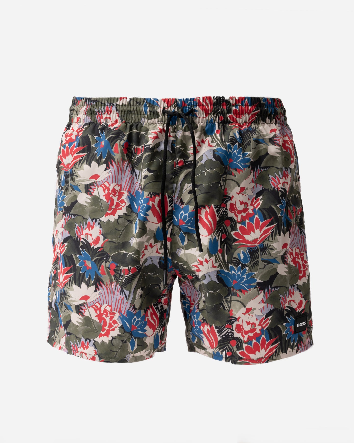 front of BOSS Orange Piranha Mens Tropical Print Quick-Drying Swim Shorts in Open Green 351