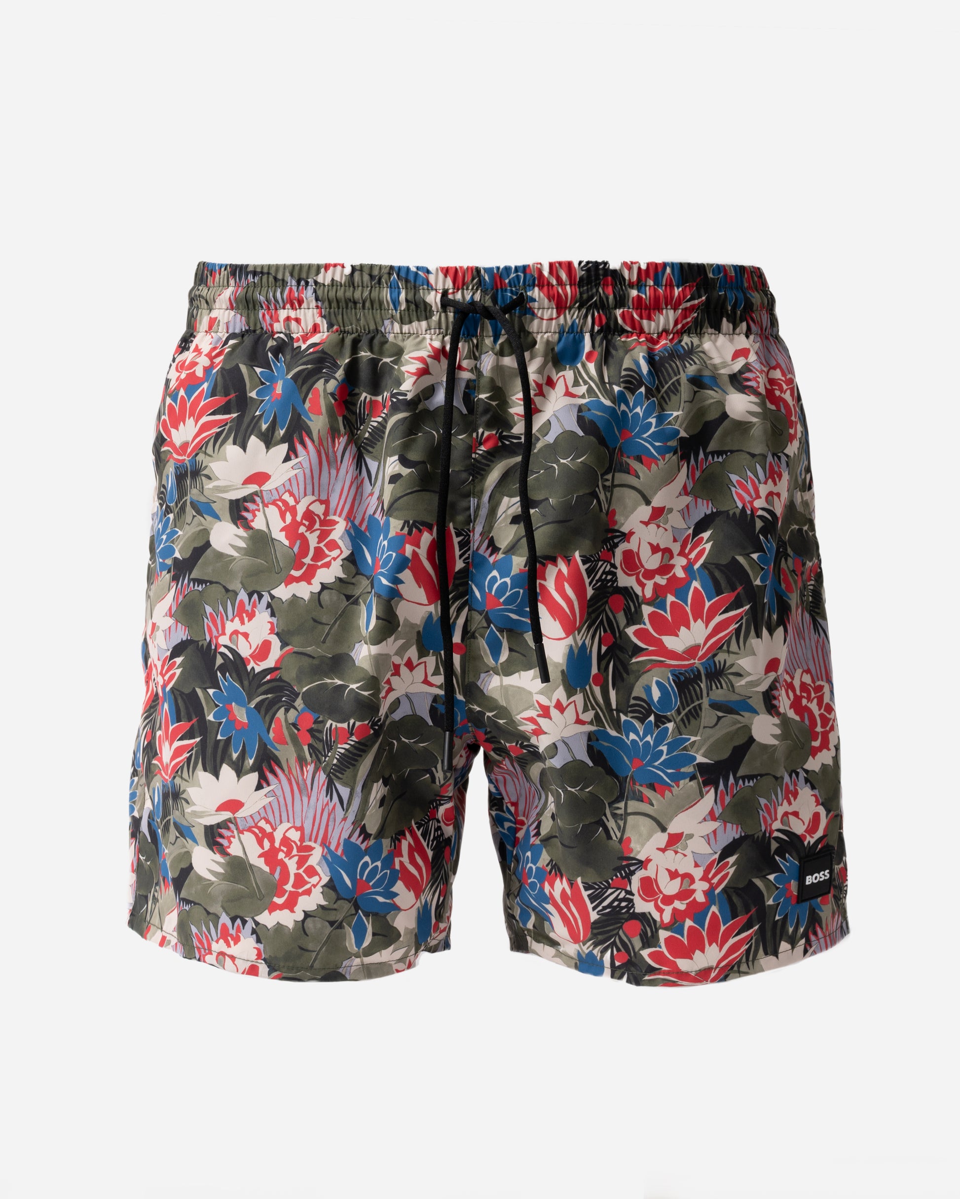 front of BOSS Orange Piranha Mens Tropical Print Quick-Drying Swim Shorts in Open Green 351