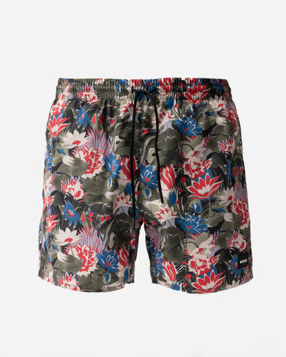 front of BOSS Orange Piranha Mens Tropical Print Quick-Drying Swim Shorts in Open Green 351