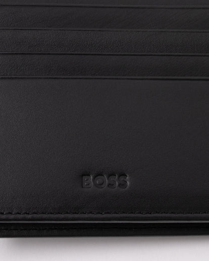 embossed interior logo detail of BOSS Orange Randy Mens Trifold Leather Wallet in Black 001
