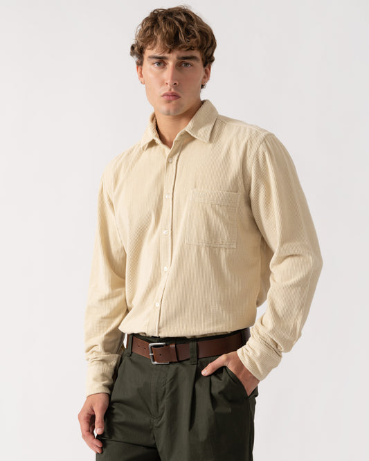 Man wearing BOSS Orange Relegant 6 Mens Long Sleeve Cotton Shirt - Light Beige 271