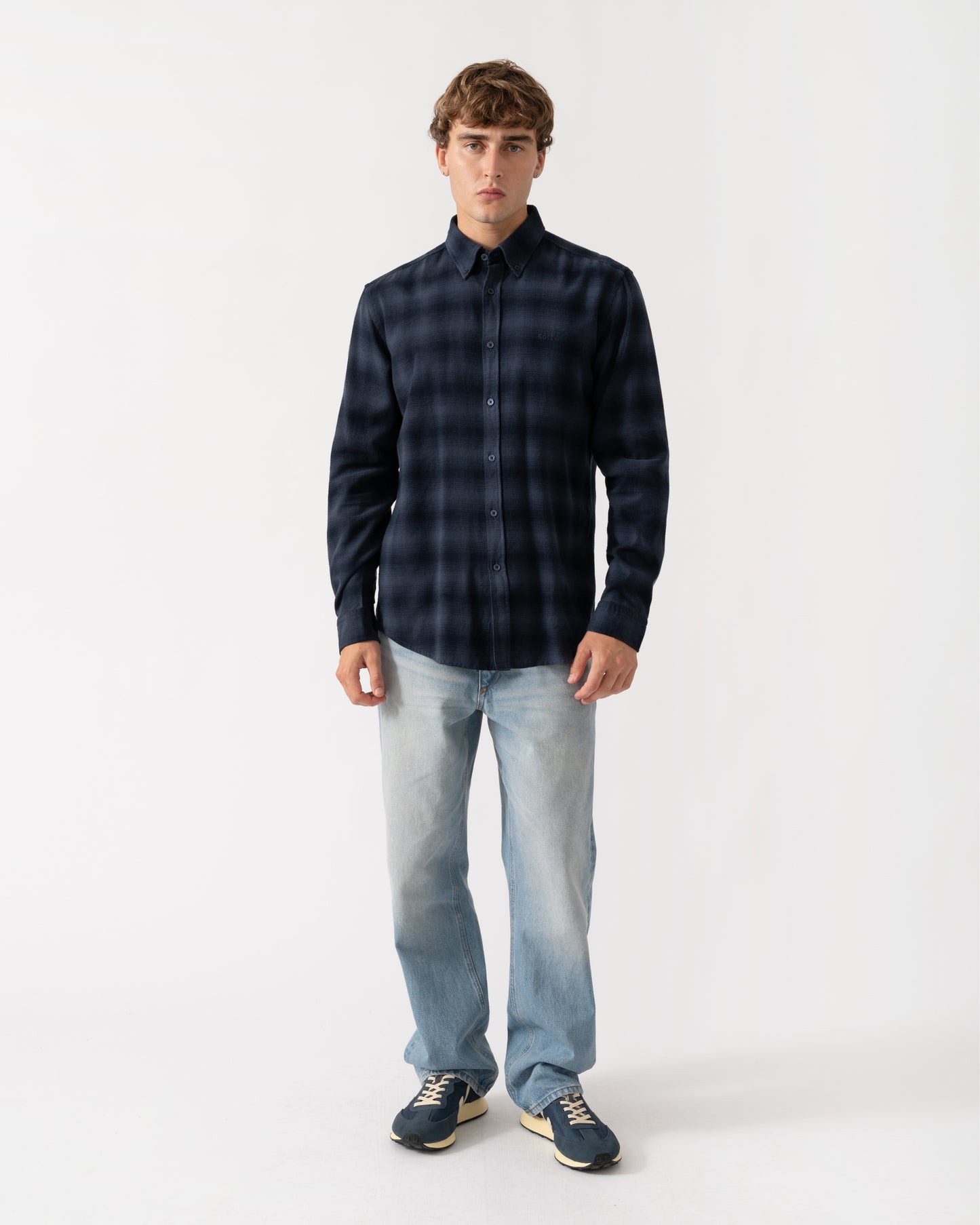 BOSS Orange Rickert Mens Long Sleeve Check Shirt - Dark Blue 404