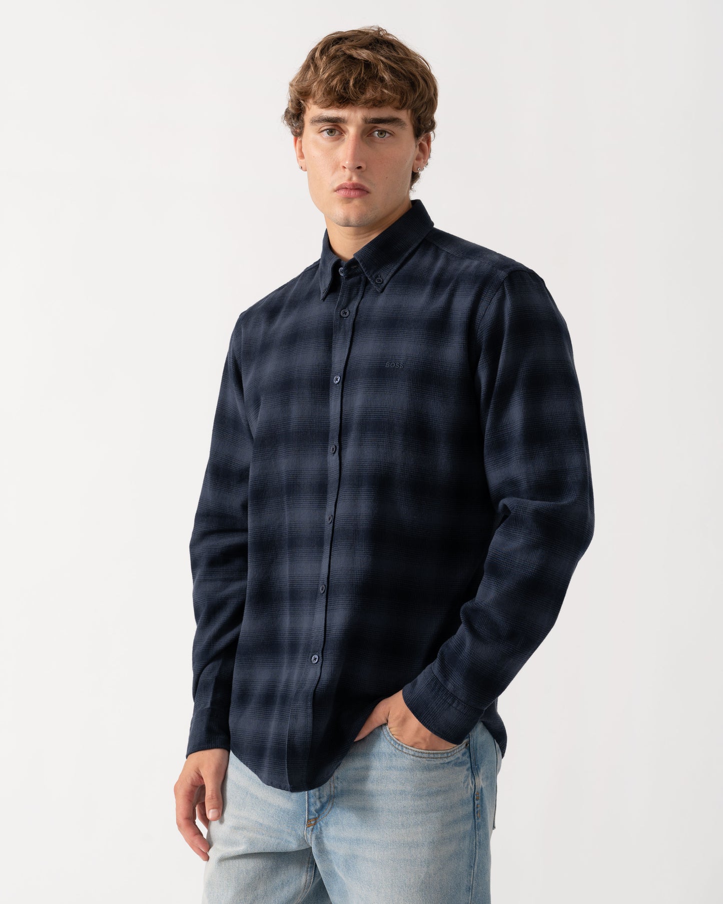 BOSS Orange Rickert Mens Long Sleeve Check Shirt - Dark Blue 404