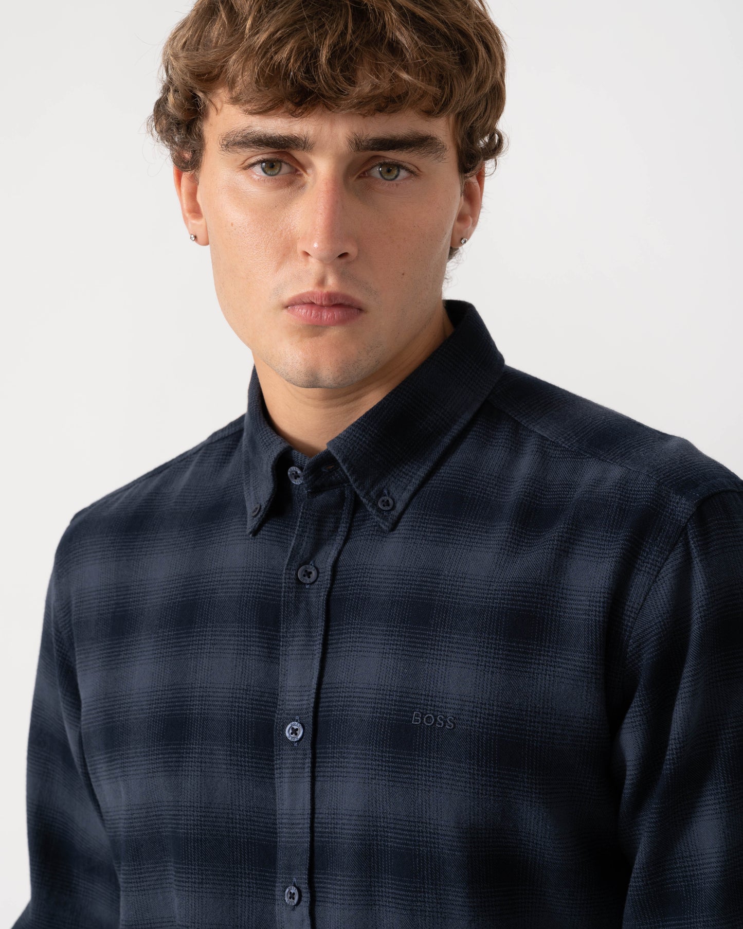 BOSS Orange Rickert Mens Long Sleeve Check Shirt - Dark Blue 404