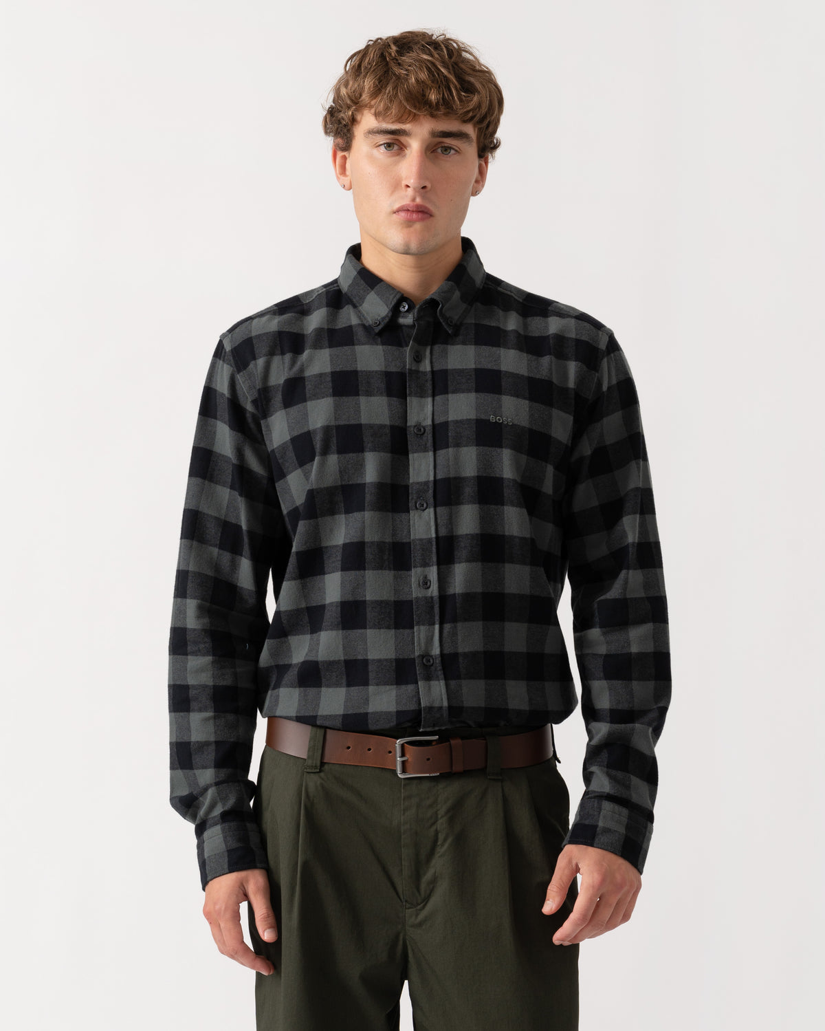 Model wearing BOSS Orange Rickert Mens Long Sleeve Check Shirt - Open Green 377