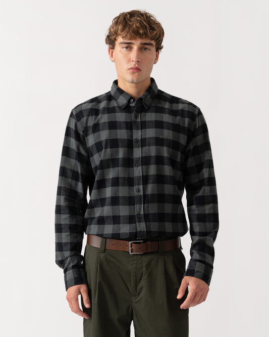 Model wearing BOSS Orange Rickert Mens Long Sleeve Check Shirt - Open Green 377