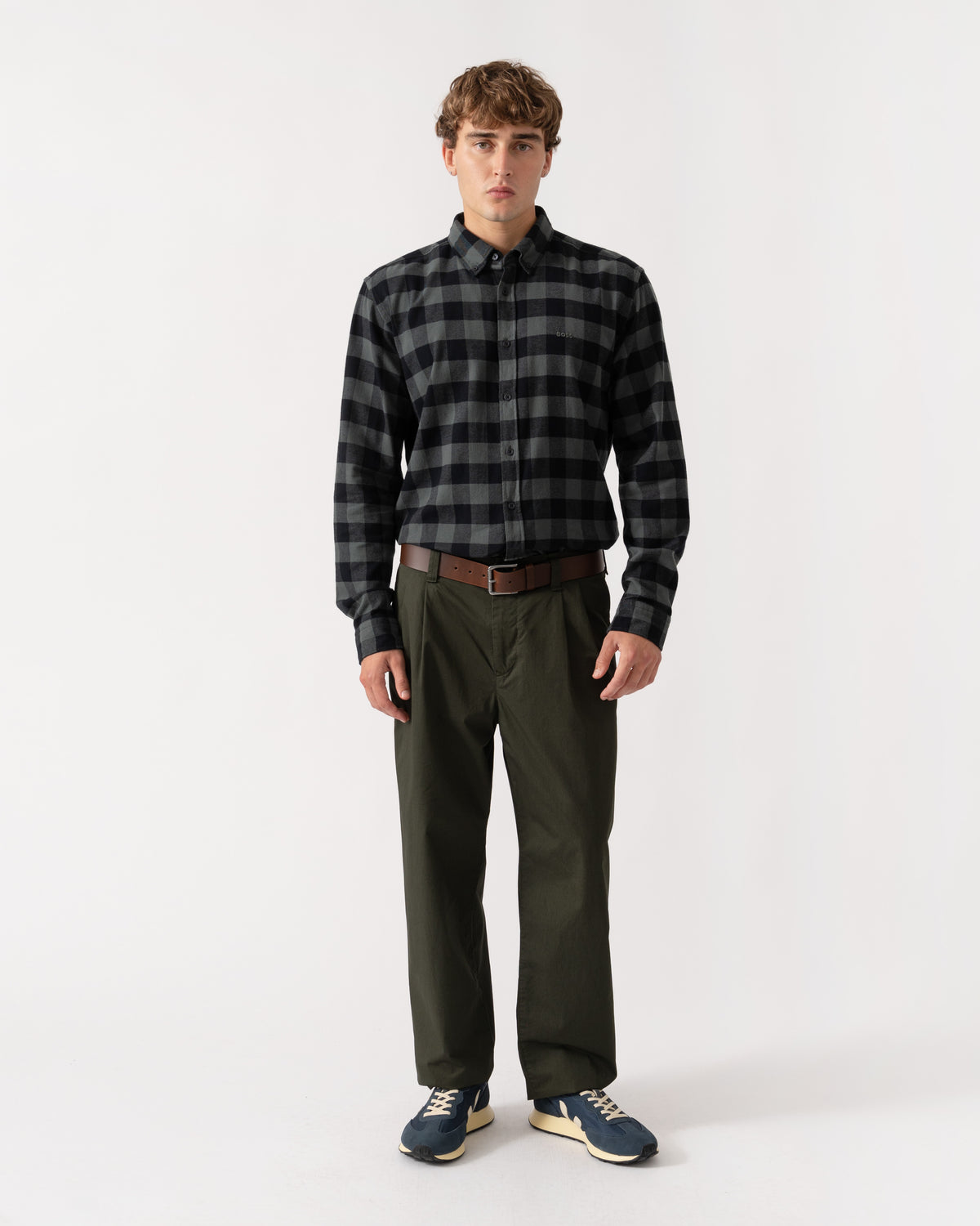 Outfit shot of BOSS Orange Rickert Mens Long Sleeve Check Shirt - Open Green 377