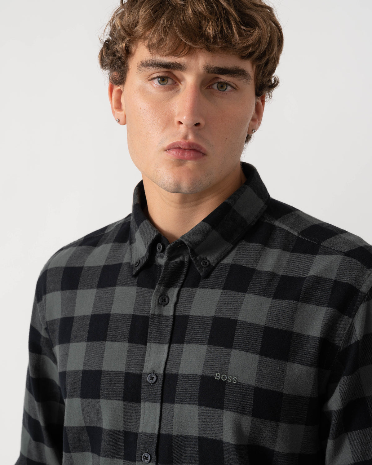 Detail of BOSS Orange Rickert Mens Long Sleeve Check Shirt - Open Green 377