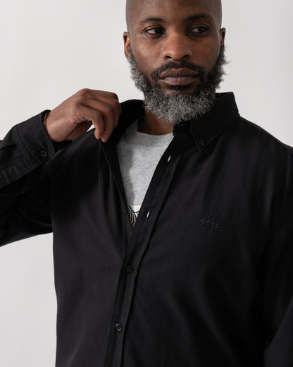 Detail shot of a Model wearing a BOSS Orange Rickert Mens Long Sleeve Shirt in Black