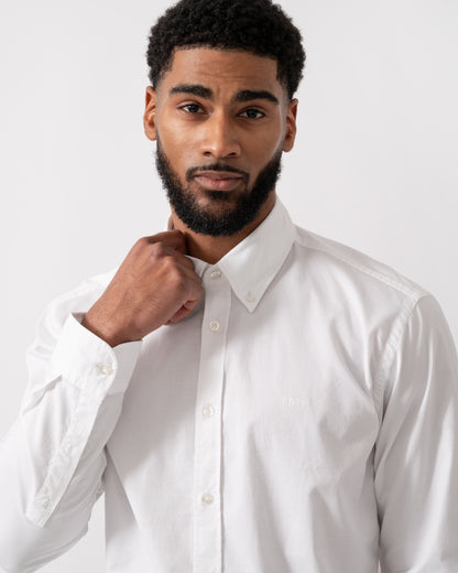 Close up of a model wearing a BOSS Orange Rickert Mens Shirt in Natural colourway