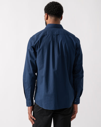 back shot of a model wearing a BOSS Orange Rickert_M Mens Shirt in Open Blue