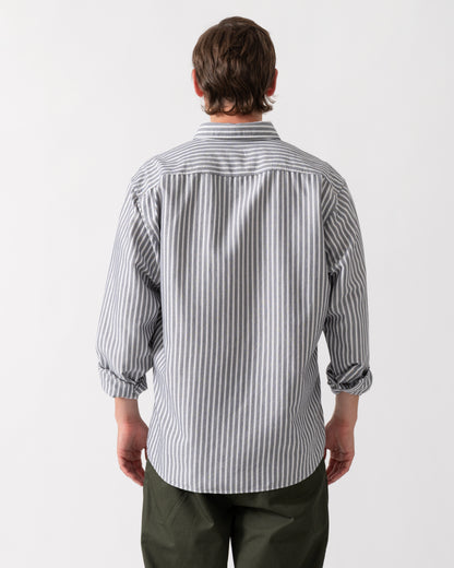back of model wearing a BOSS Orange Ricoplus Mens Long Sleeve Oxford Shirt in Dark Blue 404