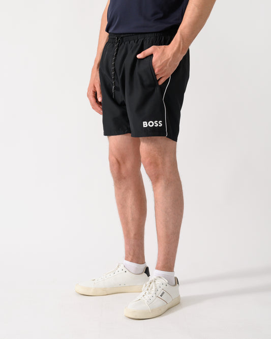 model wearing a pair of BOSS Orange Starfish Mens Swim Shorts in Black 001