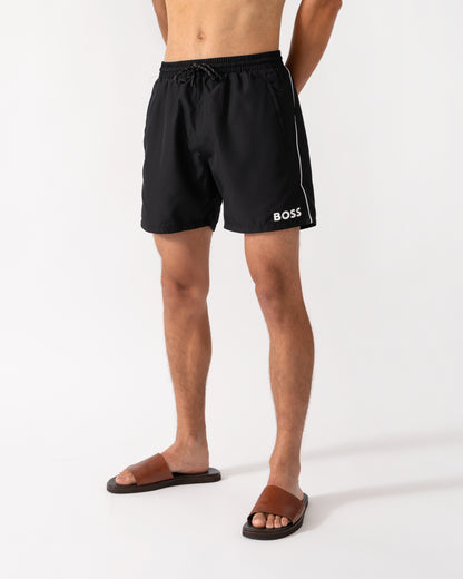 model wearing a pair of BOSS Orange Starfish Mens Swim Shorts in Black 001