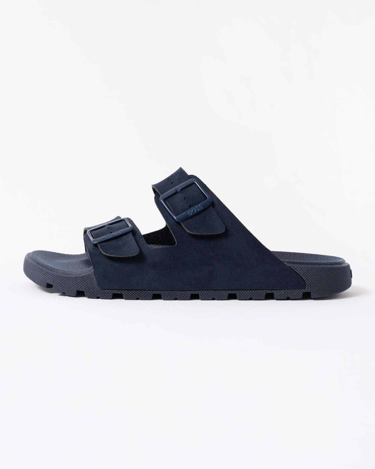 side of BOSS Orange Surfley Mens Twin-Strap Slides with Branded Buckles in Dark Blue 401