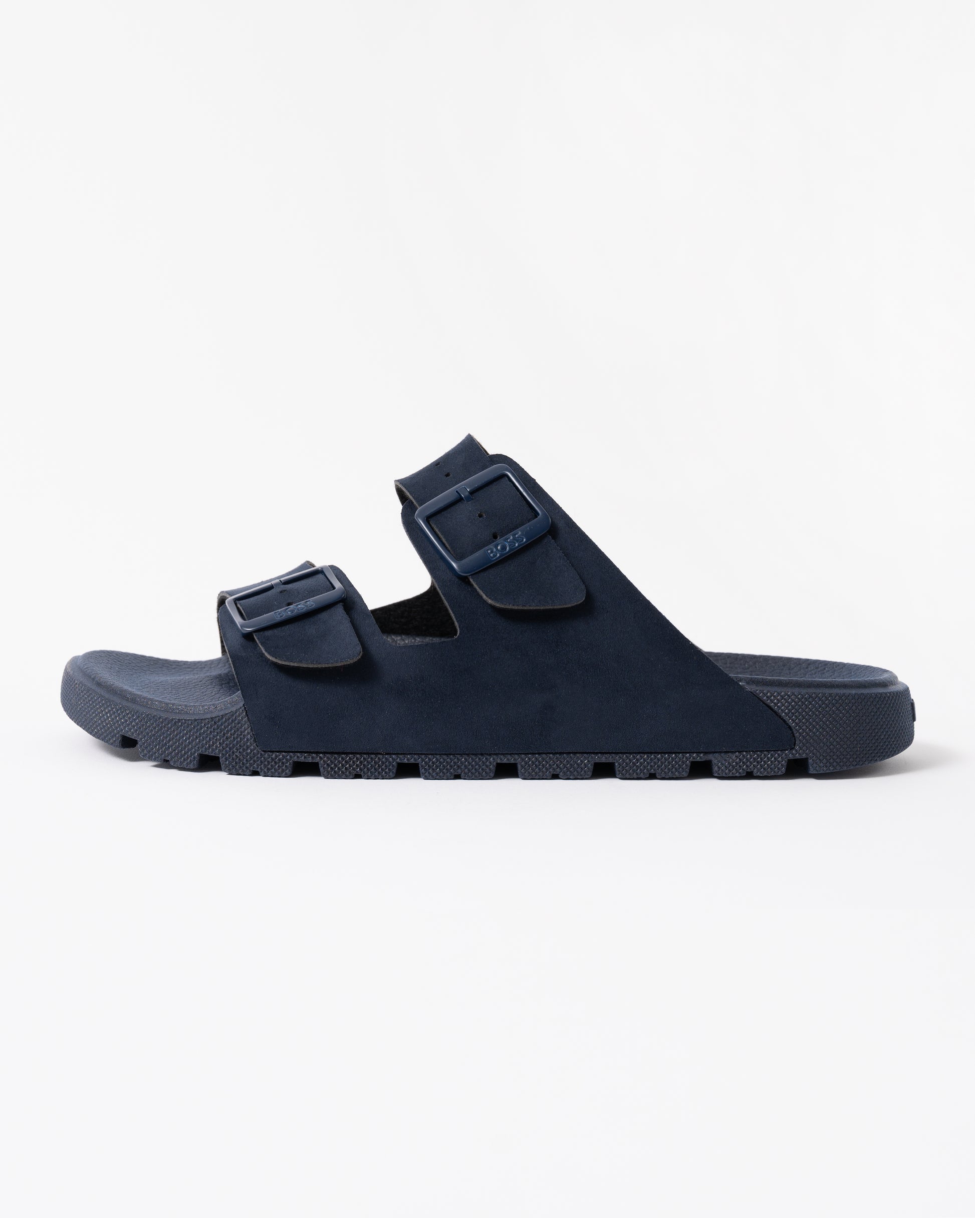 side of BOSS Orange Surfley Mens Twin-Strap Slides with Branded Buckles in Dark Blue 401