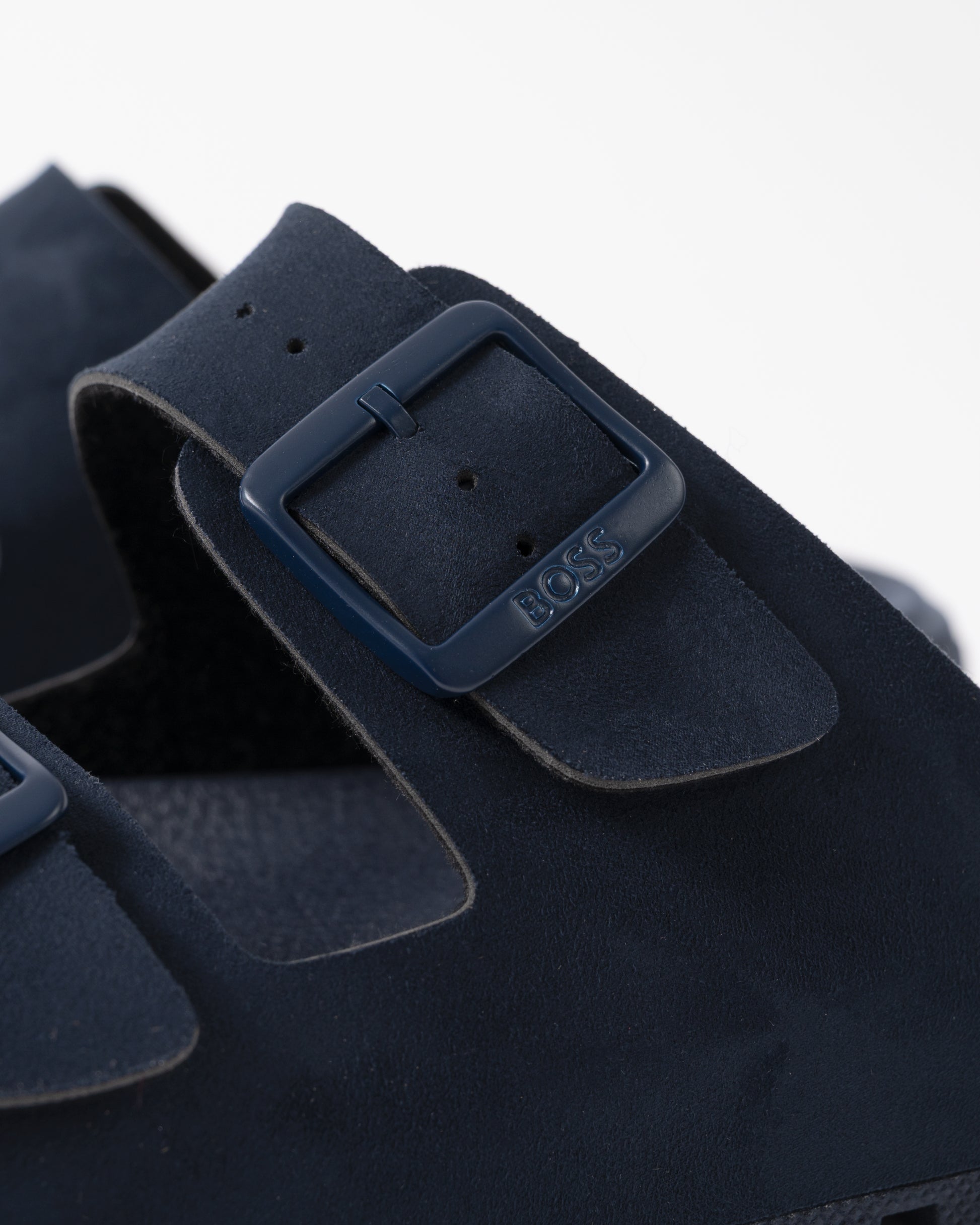 buckle detail of BOSS Orange Surfley Mens Twin-Strap Slides with Branded Buckles in Dark Blue 401