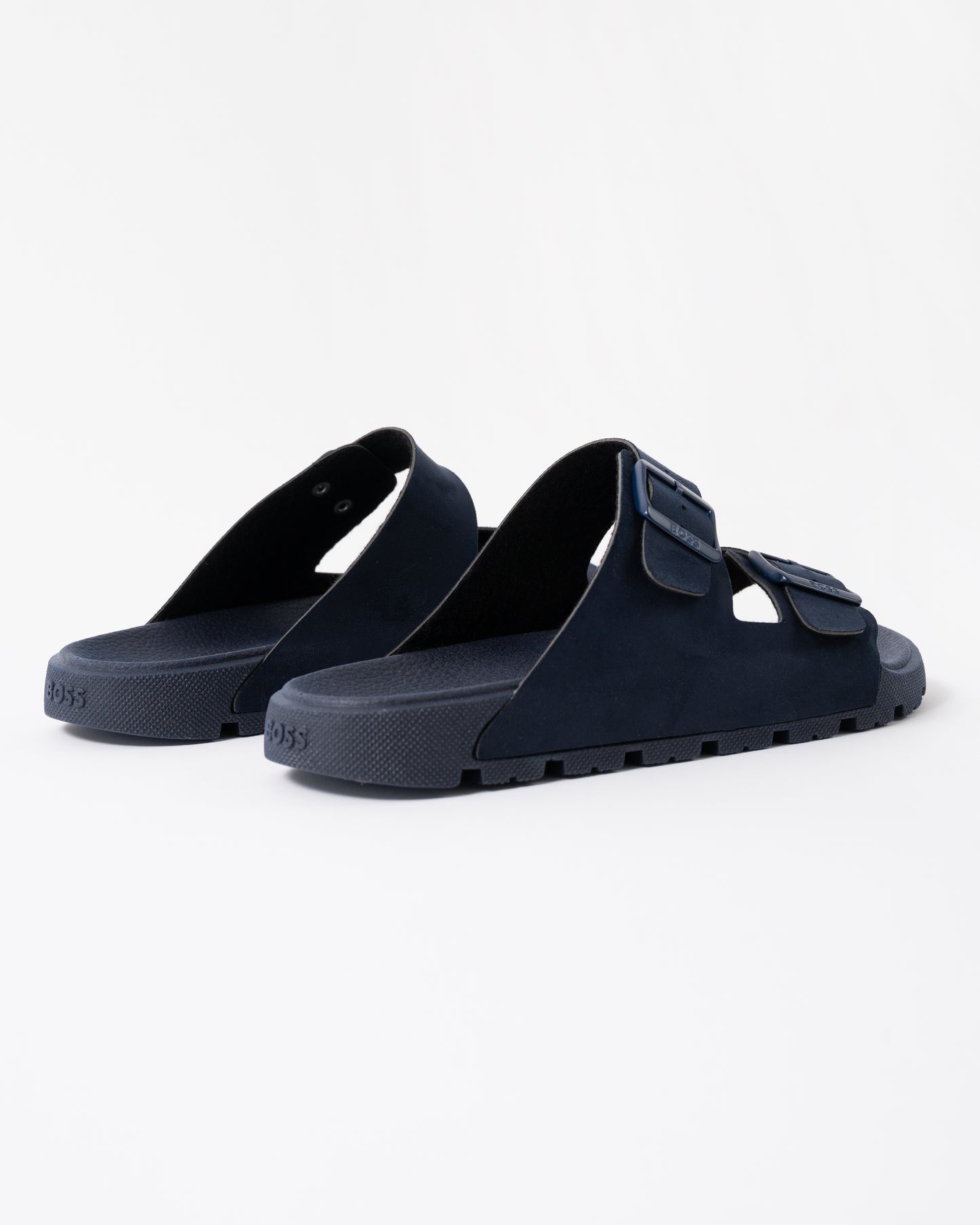 back of BOSS Orange Surfley Mens Twin-Strap Slides with Branded Buckles in Dark Blue 401