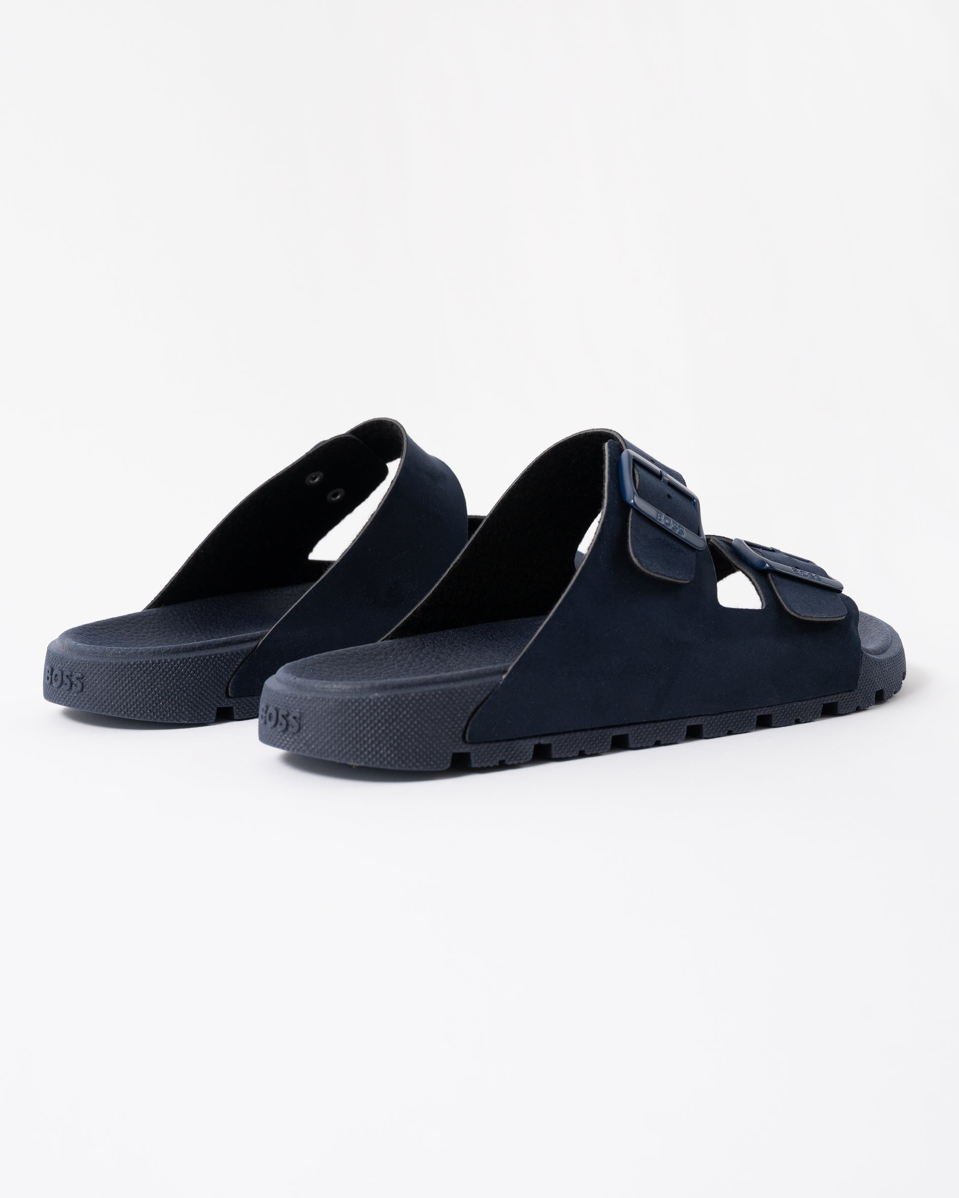 back of BOSS Orange Surfley Mens Twin-Strap Slides with Branded Buckles in Dark Blue 401