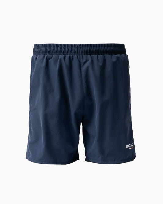 front of BOSS Orange Swordfish Mens Swimming Shorts in Navy 415
