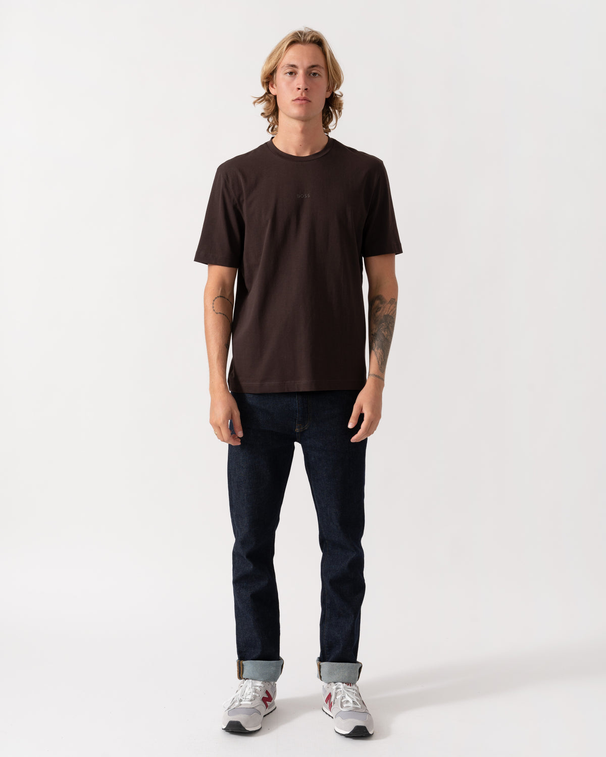 Outfit shot of the BOSS Orange TChup Mens Crew Neck Small Logo T-Shirt - Dark Brown 207