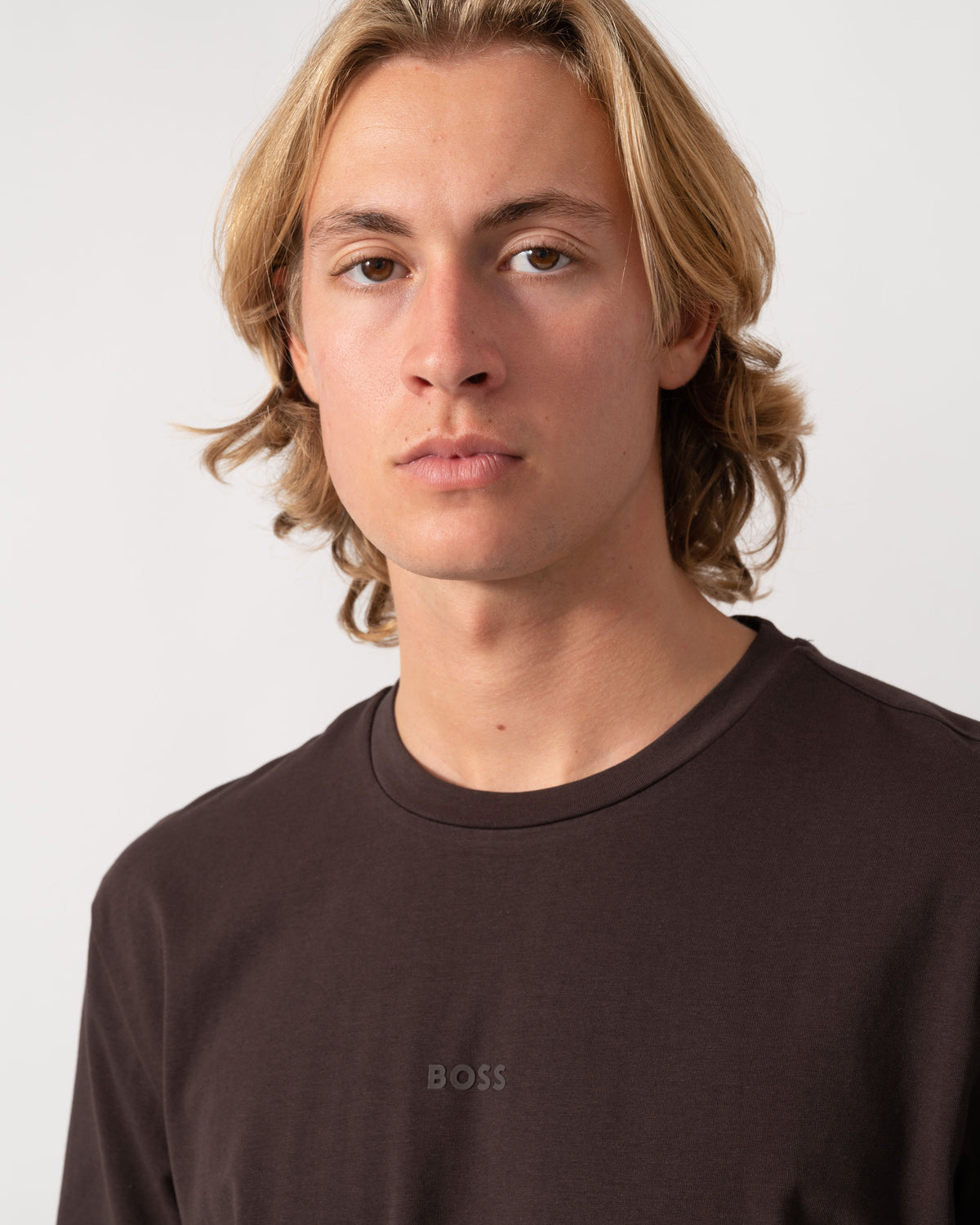 Close up on the BOSS Orange TChup Mens Crew Neck Small Logo T-Shirt - Dark Brown 207