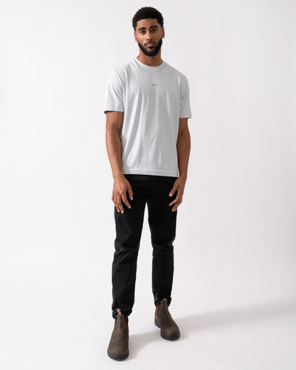 full length of a model wearing a BOSS Orange TChup Mens Crew Neck Small Logo T-Shirt in Light-Pastel Grey