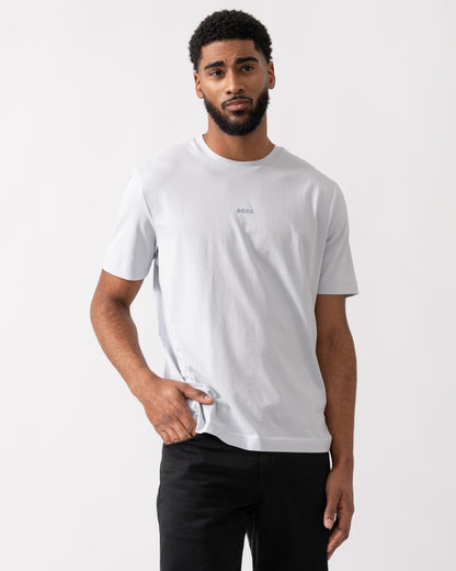 model wearing a BOSS Orange TChup Mens Crew Neck Small Logo T-Shirt in Light-Pastel Grey