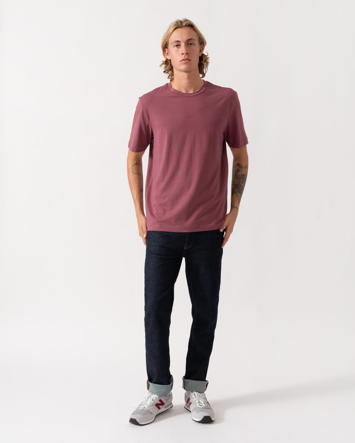 Model wearing the BOSS Orange TChup Mens Crew Neck Small Logo T-Shirt  - Medium Red 618 