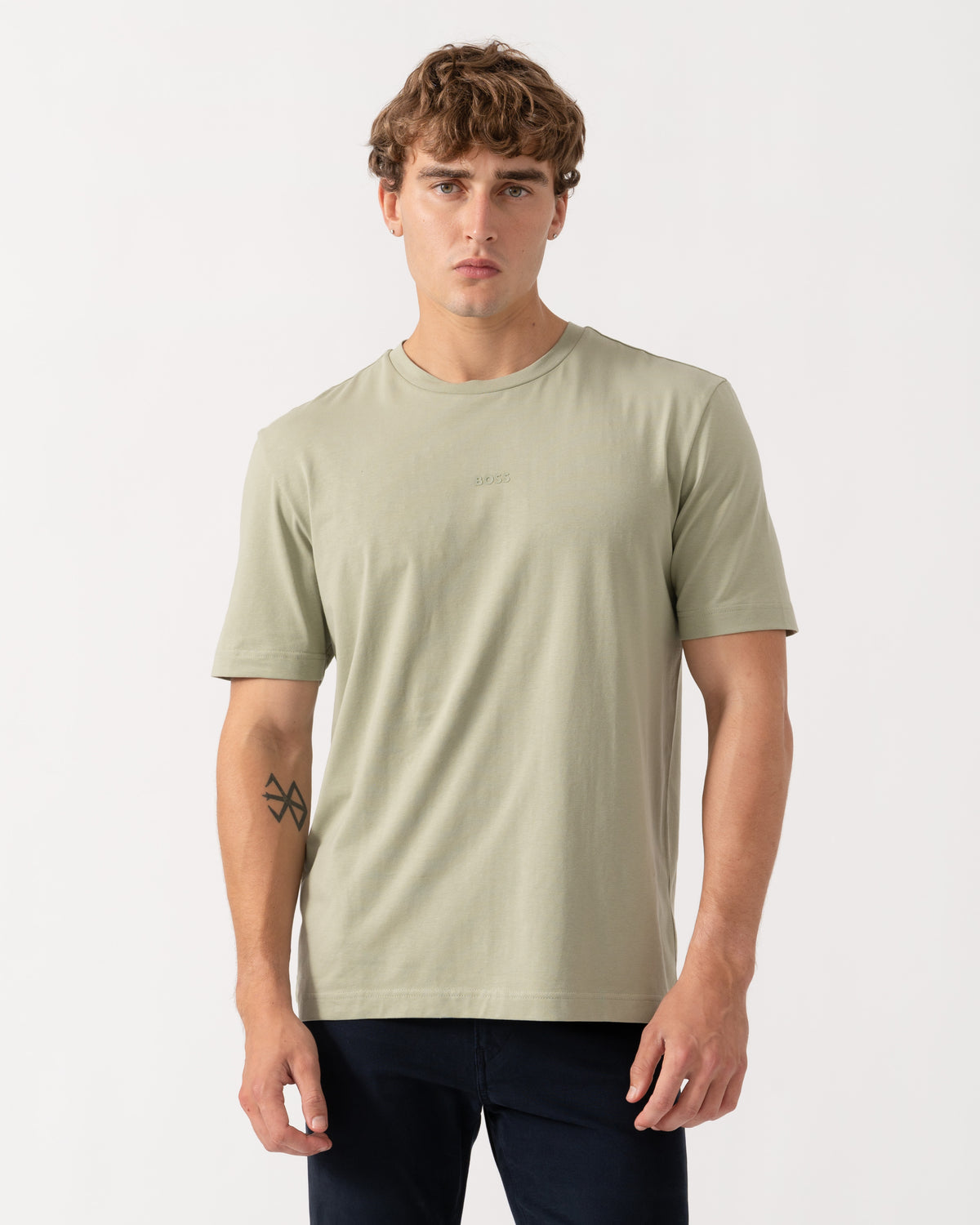 Man wearing BOSS Orange TChup Mens Crew Neck Small Logo T-Shirt  - Open Green 370