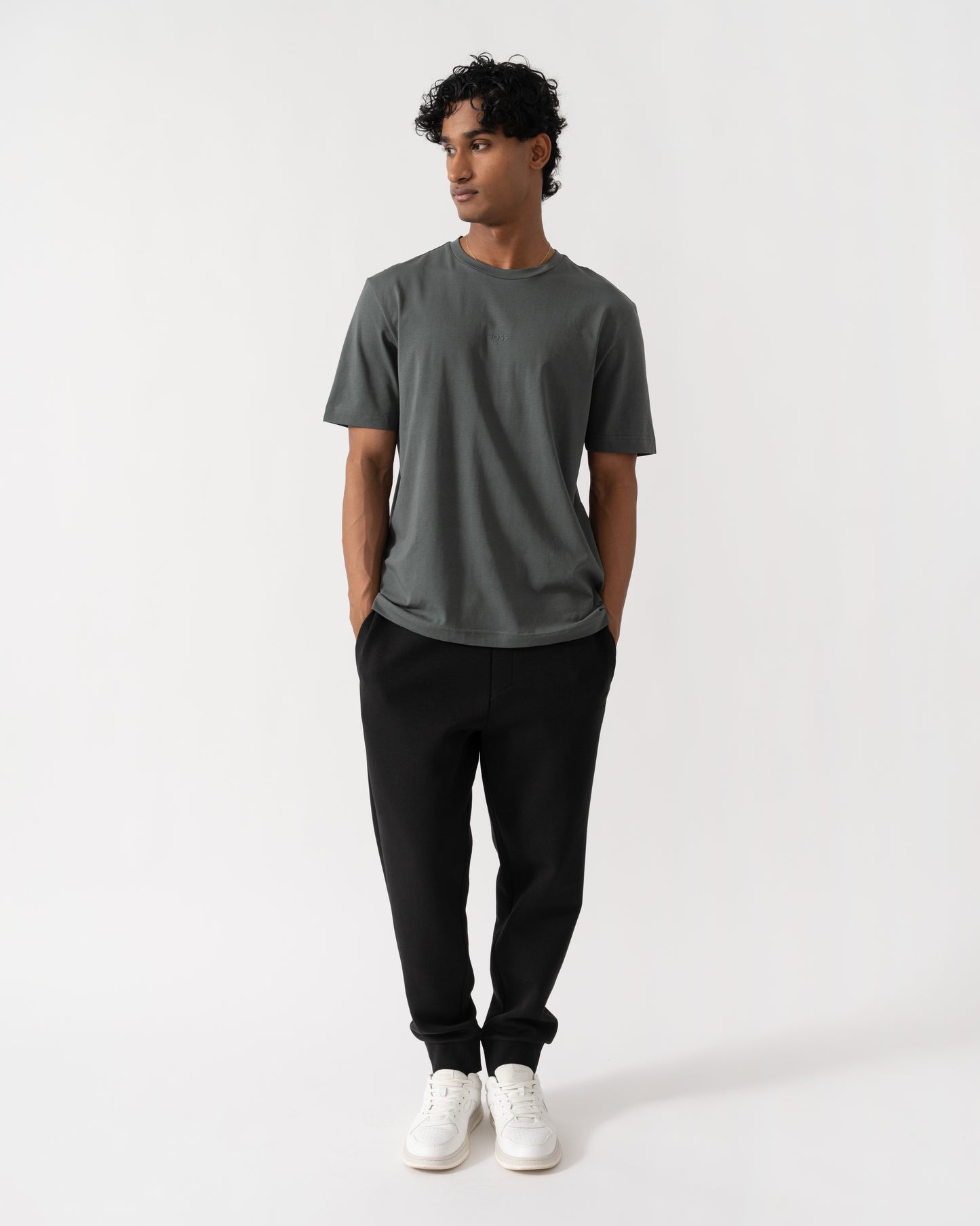 Man wearing BOSS Orange TChup Mens Crew Neck Small Logo T-Shirt  - Open Green 377