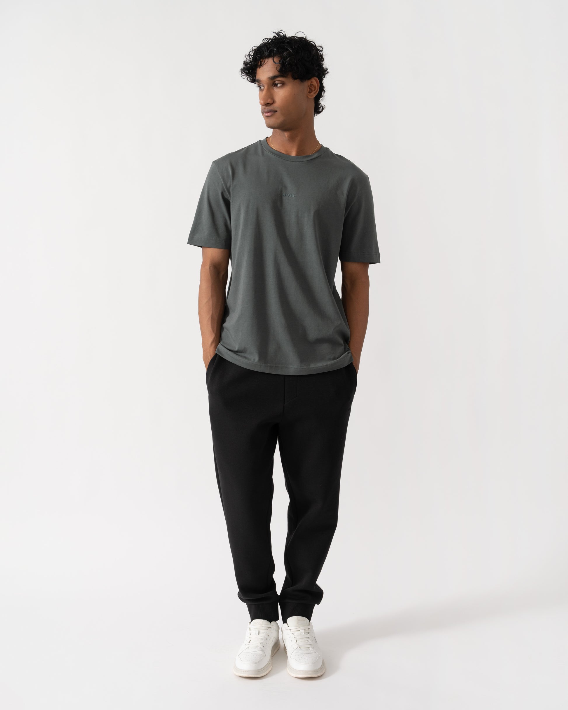 Man wearing BOSS Orange TChup Mens Crew Neck Small Logo T-Shirt  - Open Green 377